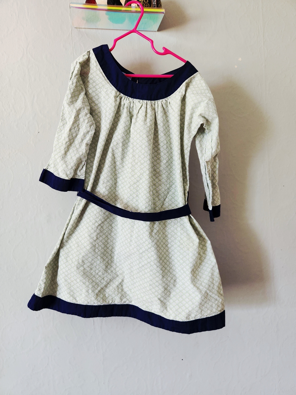 Bella Bliss 8y Green Pattern Dress with Navy Trim